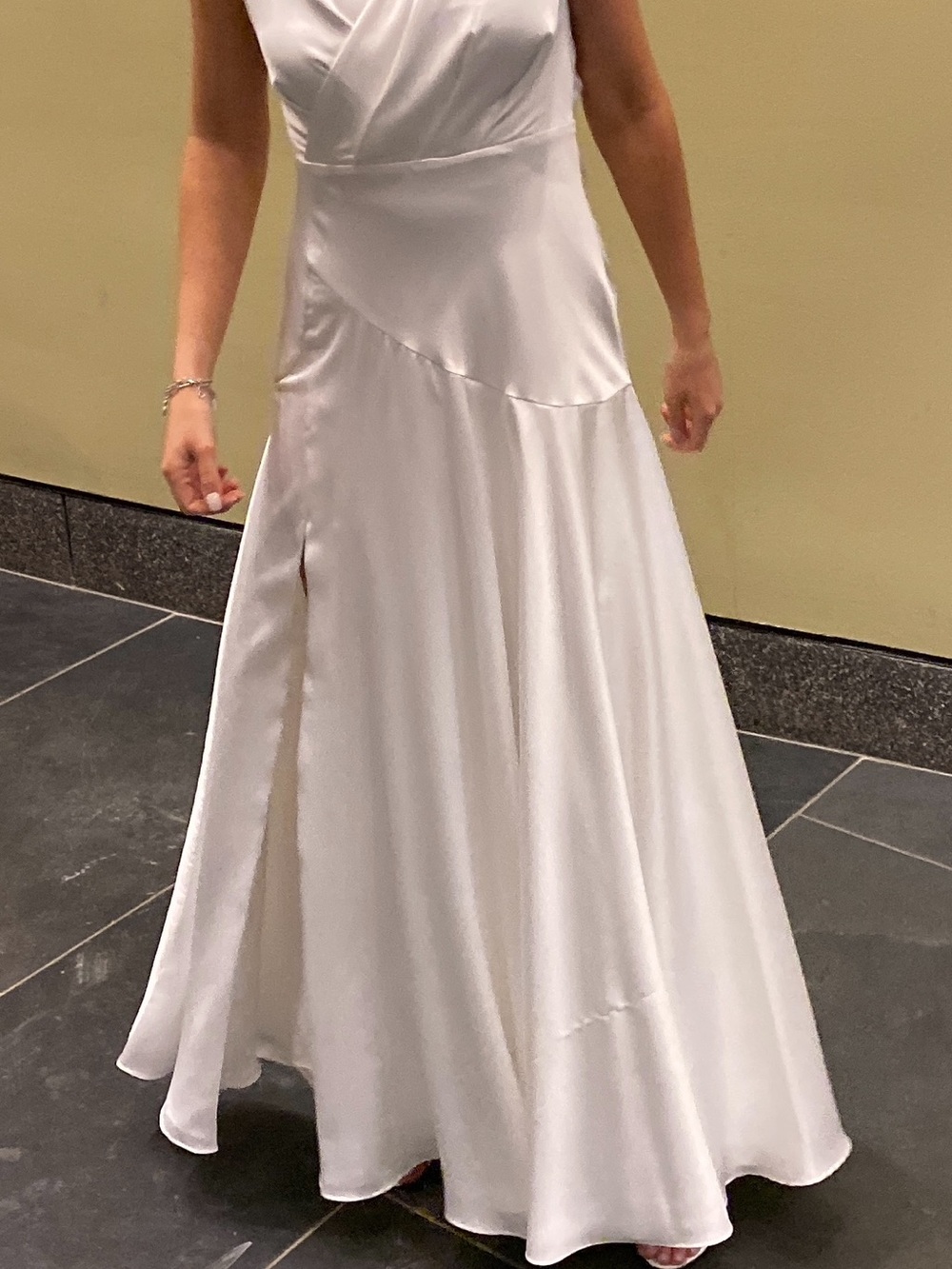 David's Bridal White Satin V-Neck Maxi Dress with Side Slit